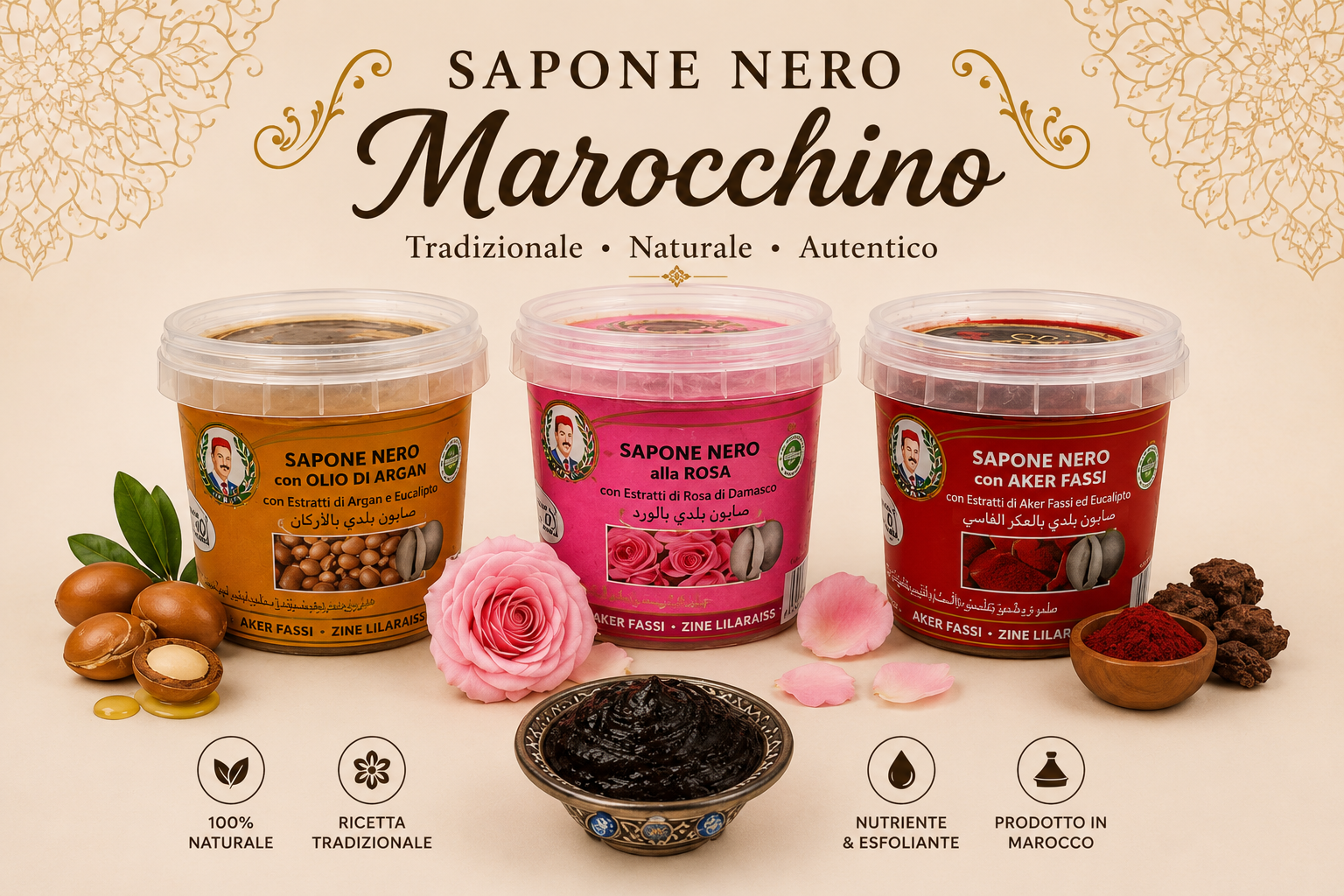 Sapone nero Marocchino, Rose - Aker Fassi - Argan , Sapone hammam esfoliante 150 grammi