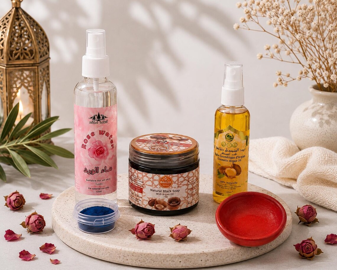 Set Rituale Hammam Marocchino Completo 🌹 Acqua di Rose + Olio Argan + Sapone Nero + Aker Fassi + Polvere di Nila Blu