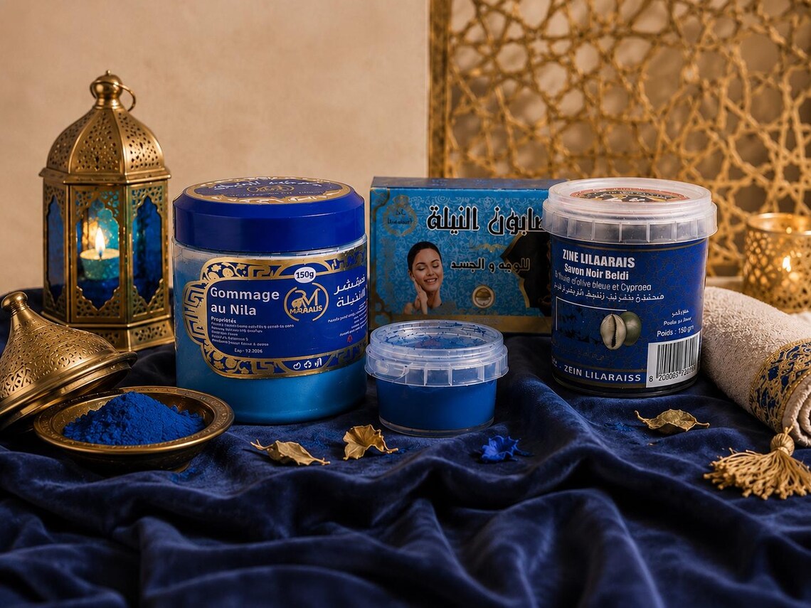 Set Completo Rituale Hammam Marocchino 💙 Sapone Nero + Saponetta Nila + Polvere Nila Blu + Gommage Nila