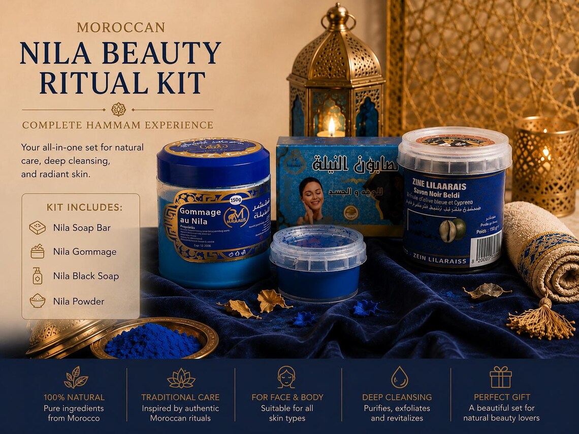 Set Completo Rituale Hammam Marocchino 💙 Sapone Nero + Saponetta Nila + Polvere Nila Blu + Gommage Nila