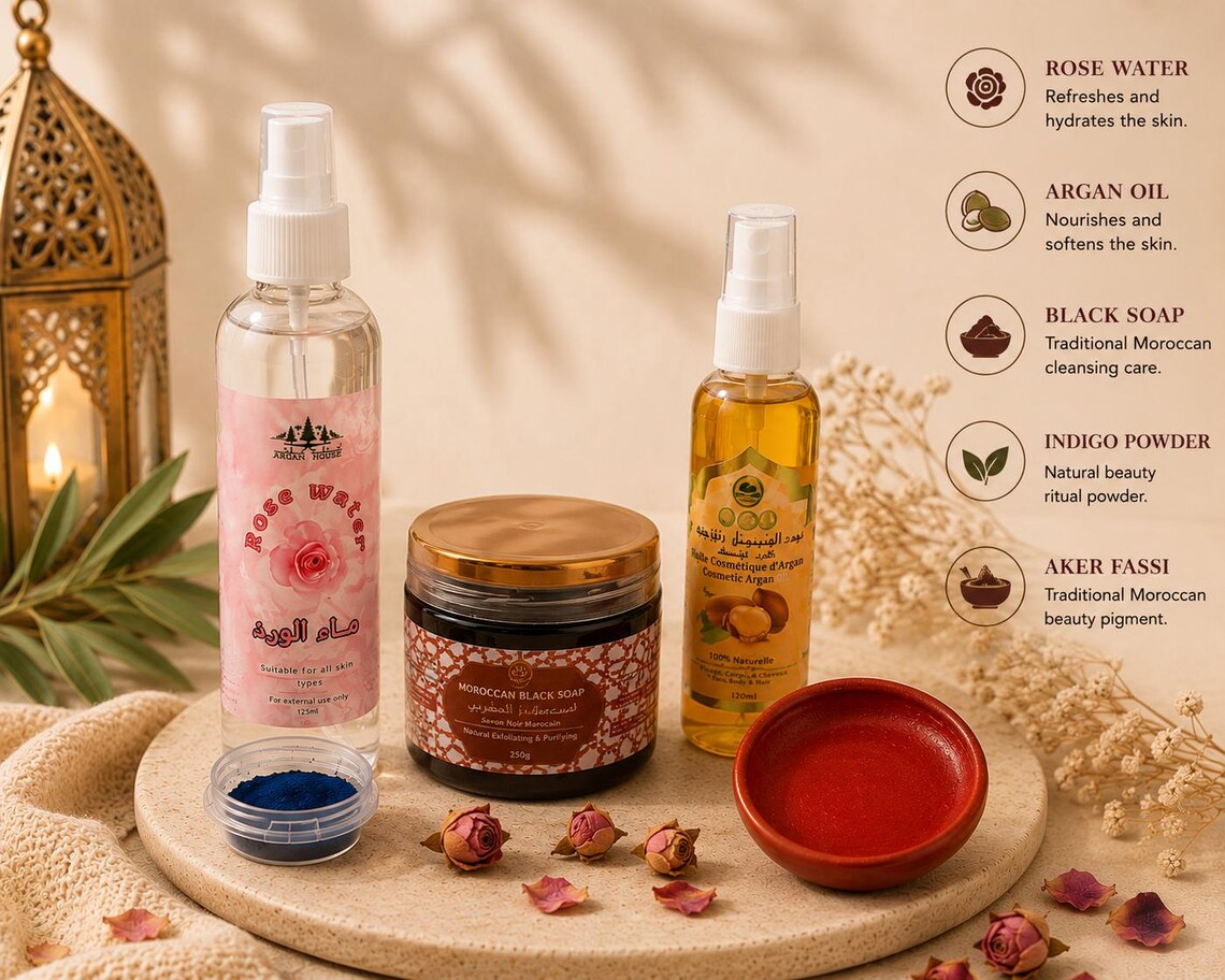 Set Rituale Hammam Marocchino Completo 🌹 Acqua di Rose + Olio Argan + Sapone Nero + Aker Fassi + Polvere di Nila Blu