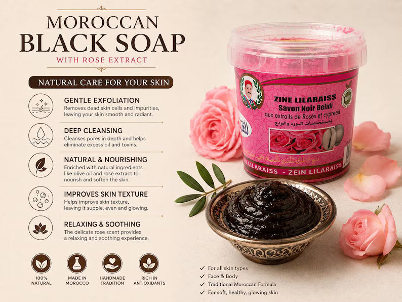 Sapone nero Marocchino, Rose - Aker Fassi - Argan , Sapone hammam esfoliante