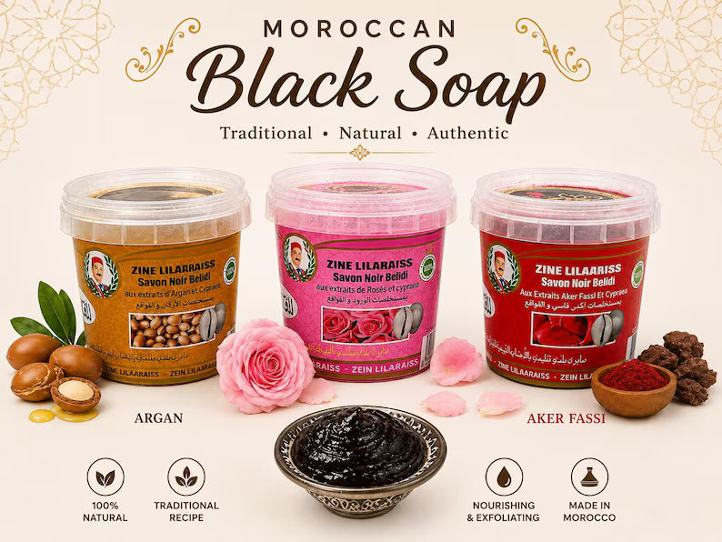 Sapone nero Marocchino, Rose - Aker Fassi - Argan , Sapone hammam esfoliante